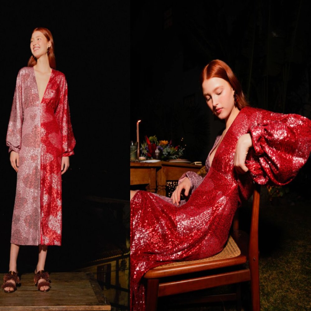 FARM Rio Red and Pink Sequin Midi Dress - Picture 2 of 12